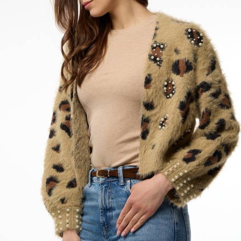 SAACHI Leopard Print Cardigan with Pearl Accents